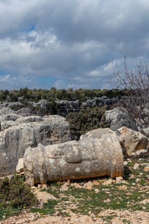 Téléchargez les photos : Ancienne colonne de pierre vestiges de l'antiquité. Attente d'être découvert dans la nature de Mersin, Turquie. - en image libre de droit