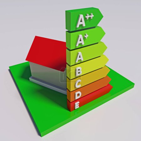 Téléchargez les photos : Niveaux d'énergie graphique et maison sur terrain vert. Concept d'économie électrique rendu 3d. - en image libre de droit
