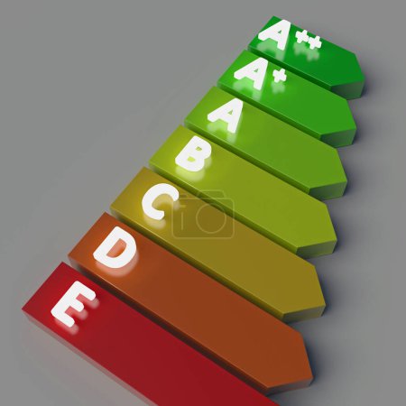 Foto de Tabla de ahorro de energía. lluminated nombres de nivel. Etiquetas medioambientales. - Imagen libre de derechos