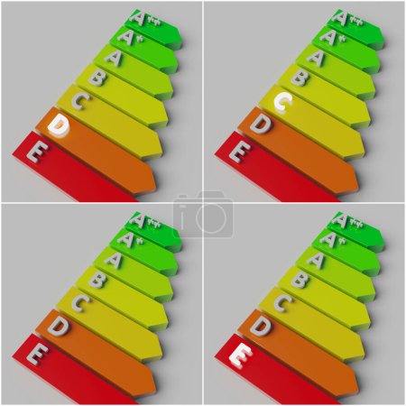 Foto de La tabla de niveles de ahorro de energía. renderizado 3d. C, D, E niveles. Ahorro de uso. - Imagen libre de derechos