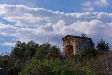 Photo for A Roman civilization artifact, located amidst the greenery under a cloudy sky. Mersini Turkey. - Royalty Free Image