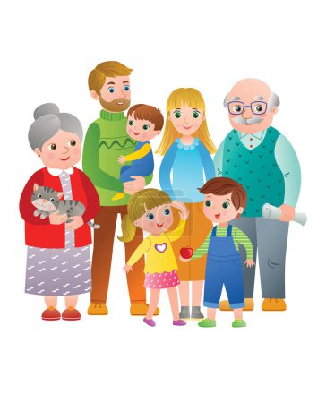 Big pretty family with three kids, grandparents and cat. Vector illustration
