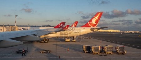 Téléchargez les photos : Turquie aéroport 07.15.2023 Turquie Airlines flotte debout dans l'aéroport de Turquie. au jour. - en image libre de droit