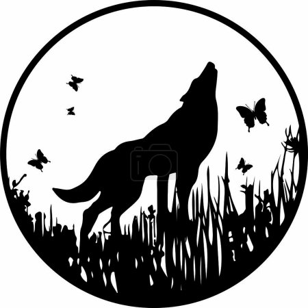 Ilustración de Silueta de lobo negro o perro en el fondo del anillo blanco. El lobo está aullando a la luna en el jardín con hierba, flores y mariposas. Ilustración vectorial, todos los elementos son aislados y editables. - Imagen libre de derechos