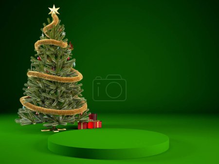 Photo for 3d christmas green podium or stage background with christmas tree, new year concept scene rendering for product display, stand to show cosmetic product, showcase design illustration. - Royalty Free Image