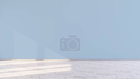 Téléchargez les photos : Chambre de pépinière vide avec lumière bébé mur bleu et lumière du soleil à travers la fenêtre dans une pièce illustration de rendu 3d. - en image libre de droit