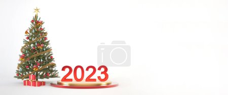 Photo for 2023 red and gold happy new year podium or stand with christmas tree and gift boxes for product display. 3d christmas concept for header or banner design render illustration. - Royalty Free Image