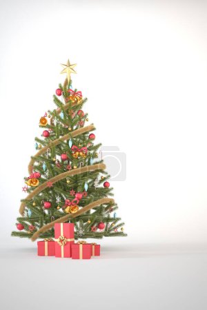 Photo for Christmas tree with red and gold ornaments and red gift boxes on white vertical background with copy space. 3d christmas background concept for header or banner design render illustration. - Royalty Free Image