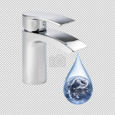 Téléchargez les photos : Lack of water on earth concept. Earth in a drop of water dripping from the faucet on png background. Elements of this image furnished by NASA. - en image libre de droit
