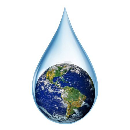 Téléchargez les photos : Manque de concept d'eau sur terre isolé sur fond blanc. Monde dans une goutte d'eau. Journée de la Terre ou concept de Journée mondiale de l'eau. Éléments de cette image fournis par la NASA. - en image libre de droit