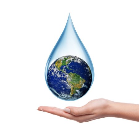 Lack of water concept in the world isolated on white background. Planet earth flowing into hand in a drop of water. Earth day or World Water Day. Elements of this image furnished by NASA.
