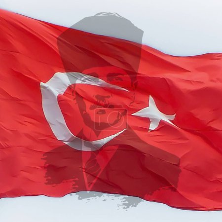 Photo for Turkish flag waving on Ataturk silhouette social media post or banner background design for national holiday of Turkey. - Royalty Free Image