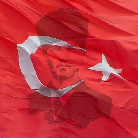 Photo for Turkish flag on Ataturk silhouette social media post or banner background design for national holiday of Turkey. Happy 100th anniversary of October 29th Turkish Republic Day. - Royalty Free Image