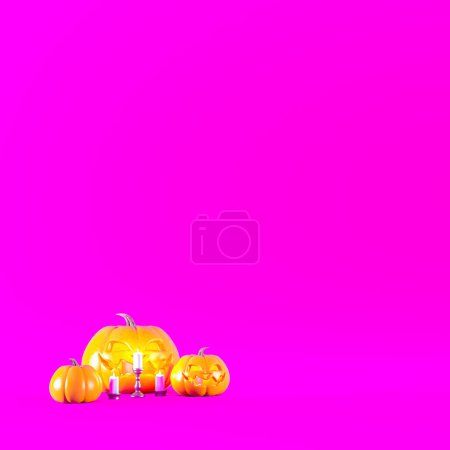 Photo for Halloween pink background with orange pumpkin lanterns and candles. Minimal and modern Halloween backdrop idea 3d rendering illustration with copy space. - Royalty Free Image