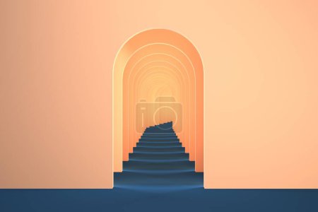 3D surreale Darstellung. Abstrakte Bogen Tunnel Pfirsich Pastell Kontrastfarbe Hintergrund. Peach Fuzz Farbe des Jahres 2024 Konzeptwiedergabe. Surrealistische 3D-Illustration.