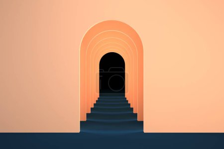 Photo for 3d surreal render. Abstract arch tunnel peach pastel vertical background. Peach Fuzz color of the year 2024 concept rendering. Surrealistic interior 3d illustration. - Royalty Free Image