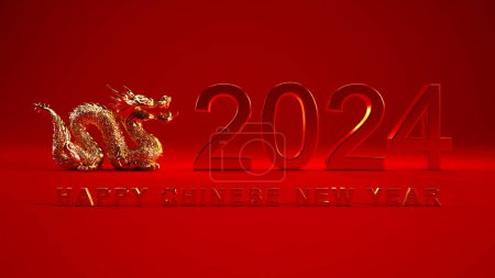 Téléchargez les photos : Heureux Nouvel An chinois 2024 fond, année du concept de dragon, 2024 texte 3d et dragon d'or 3d isolé sur fond rouge. - en image libre de droit
