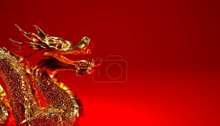 3D Golddrache isoliert auf rotem Hintergrund mit Kopierraum, Jahr des Drachen chinesisches Neujahrskonzept 2024.