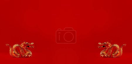 Golddrache auf rotem Hintergrund mit Kopierraum. Jahr des Drachen chinesisches Neujahrskonzept 2024. Goldene Drachen einander gegenüberliegende Kulisse, 3D-Darstellung.