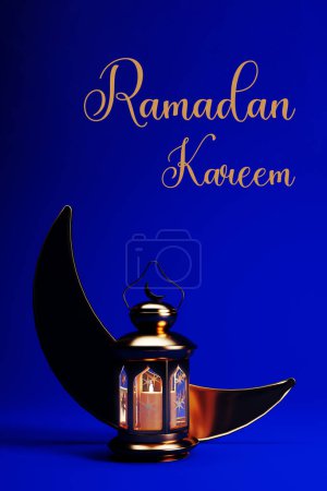 Photo for Ramadan Kareem background with golden lantern, and crescent moon, 3d render. Muslim Holy Month Ramadan Kareem wallpaper design. - Royalty Free Image