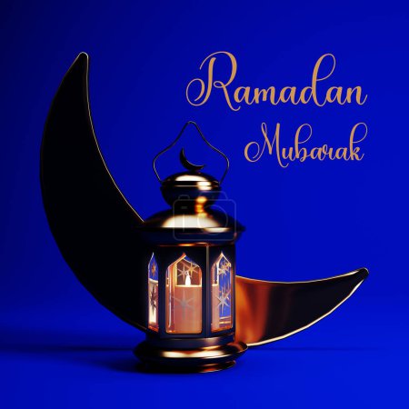 Téléchargez les photos : Ramadan Moubarak fond avec lanterne dorée, et croissant de lune, rendu 3d. Mois sacré musulman Ramadan Moubarak fond d'écran design. - en image libre de droit