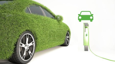 Téléchargez les photos : Concept de voiture écologique avec borne de recharge pour véhicules électriques, voiture électrique recouverte d'herbe réaliste isolée sur blanc, parking vert, énergie propre, parking durable, rendu 3d. - en image libre de droit