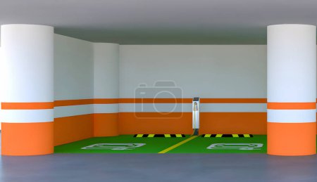 Téléchargez les photos : EV parking 3d rendre l'illustration. Zone de recharge des véhicules électriques dans un parking souterrain. - en image libre de droit