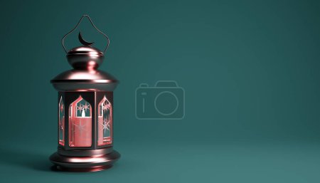 Foto de Fondo Ramadán con linterna árabe dorada y espacio de copia, renderizado 3d. Mes santo musulmán Ramadán Kareem fondo de pantalla de diseño. - Imagen libre de derechos