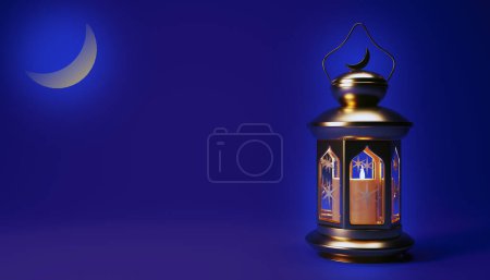 Téléchargez les photos : Fond nocturne Ramadan avec lanterne arabe, croissant de lune et espace de copie, rendu 3d. Mois sacré musulman Ramadan Kareem fond d'écran design. - en image libre de droit