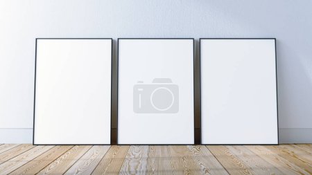 Photo for 3 frames mockup scene on white wall and hardwood floor, 3d render. Black slim metal frame mockup home art interior design. - Royalty Free Image