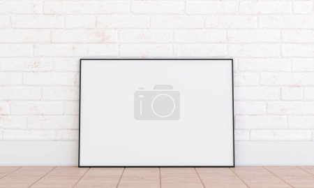 Photo for Horizontal frame mockup on white brickwall. Black thin metal frame mock up scene with oak parquet floor, interior 3d render, industrial retro style. - Royalty Free Image