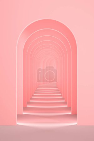 Photo for Pink surreal 3d render. Abstract arch corridor pastel pink background concept rendering. Surrealistic interior 3d illustration. - Royalty Free Image