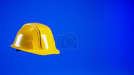 Photo for Hard hat isolated on blue background with copy space, 3d render. Yellow helmet for Labour Day concept. - Royalty Free Image
