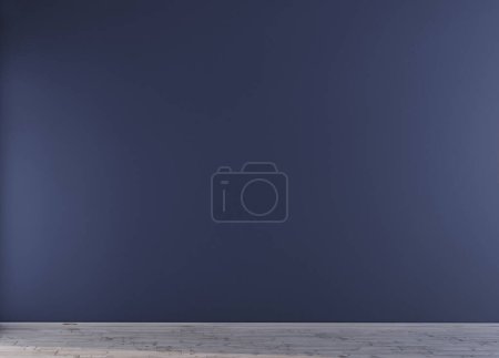 Photo for Empty dark blue wall mockup design with wooden floor, 3d render. - Royalty Free Image