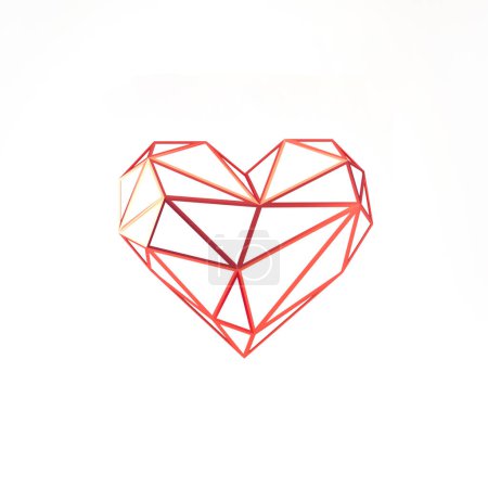 Herzförmiges geometrisches Polygon isoliert auf weißem Hintergrund, 3D-Renderer.