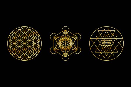 Photo for Sacred Geometry Gold Symbols on Black Background. Sri Yantra, Flower Of Life, Metatron's Cube Backdrop. - Royalty Free Image