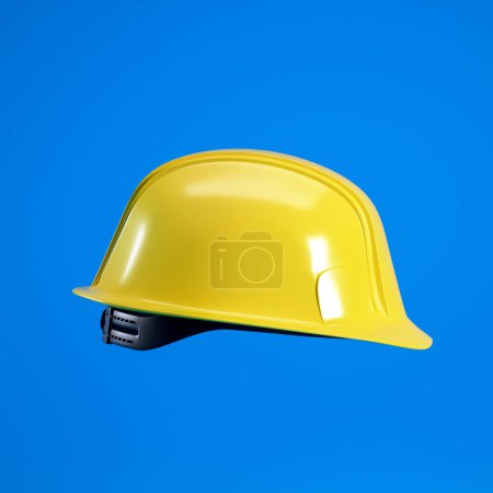 Photo for Hard hat isolated on blue background with copy space, 3d render. Labour Day concept. Yellow helmet 3d design background. - Royalty Free Image
