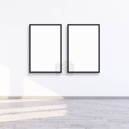 Téléchargez les photos : 2 maquettes de cadre accrochées à un mur blanc avec lumière du soleil, deux cadres pour maquettes de mur de galerie, illustration de rendu 3d. - en image libre de droit