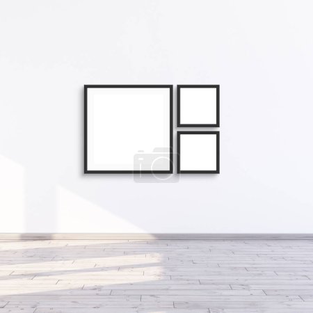 Téléchargez les photos : 3 maquettes de cadre carré suspendues à un mur blanc avec lumière du soleil, 3 cadres pour maquettes de mur de galerie, illustration de rendu 3d. - en image libre de droit