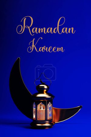 Photo for Ramadan Kareem background with golden Ramadan lantern, and crescent moon, 3d render. Muslim Holy Month Ramadan Kareem wallpaper design. - Royalty Free Image