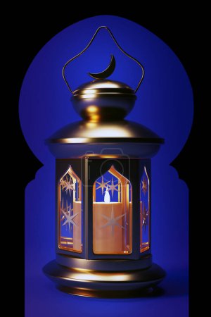 Photo for Ramadan lantern vertical background from Islamic Arch Arabic style window at night, 3d render. Muslim Holy Month Ramadan Kareem wallpaper design. - Royalty Free Image