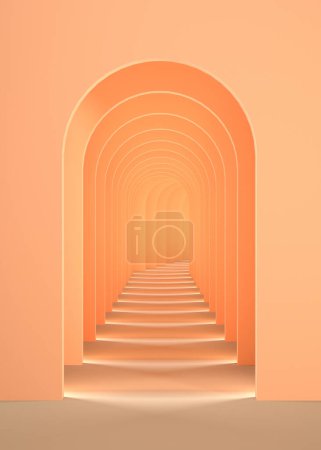 Photo for 3d surreal render. Abstract arch tunnel peach pastel vertical background. Peach Fuzz color of the year 2024 concept rendering. Surrealistic interior 3d illustration. - Royalty Free Image