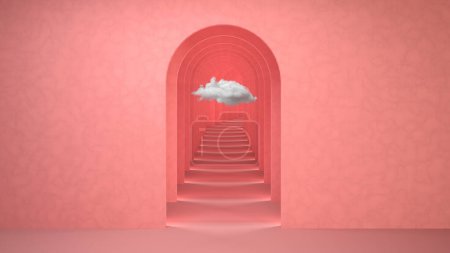 Téléchargez les photos : Rendu 3d surréaliste rose abstrait avec nuage blanc. Couloir voûte pastel fond rose concept rendu. Illustration 3D intérieure surréaliste. - en image libre de droit