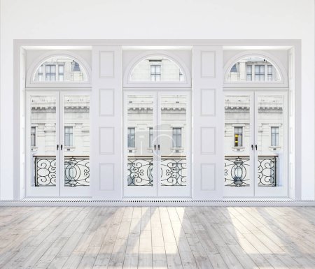 Téléchargez les photos : Appartement parisien intérieur 3d rendu avec des hautes fenêtres voûtées, sol en bois et lumière du soleil. - en image libre de droit