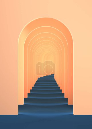 Photo for 3d surreal render. Abstract arch tunnel peach pastel contrast color background. Peach Fuzz color of the year 2024 concept rendering. Surrealistic interior 3d illustration. - Royalty Free Image