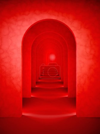 Téléchargez les photos : Reddition 3D abstraite rouge surréaliste. Arche corridor rouge arrière-plan vertical concept rendu. Illustration 3D intérieure surréaliste. - en image libre de droit