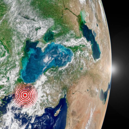 Photo for Earthquake icon in Turkeys map. Earthquake alert symbol, circle target location mark illustration in Turkey country satellite view. - Royalty Free Image