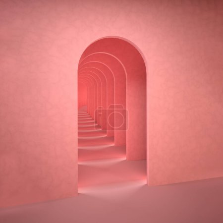 Téléchargez les photos : Rendu 3d surréaliste rose abstrait. Arch infinie couloir pastel rose arrière-plan concept rendu. Illustration 3D intérieure surréaliste. - en image libre de droit