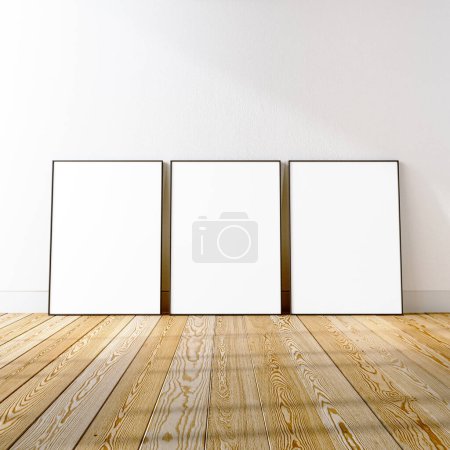 3 frame mockup scene on white wall and hardwood floor, 3d render. Black slim metal frame mockup home art interior design.
