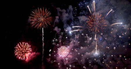 Photo for Colorful vibrant Firework celebrate anniversary happy new year 2023, 4th of july holiday festival. colorful firework in the night time to celebrate national holiday. countdown new year 2023 party time - Royalty Free Image